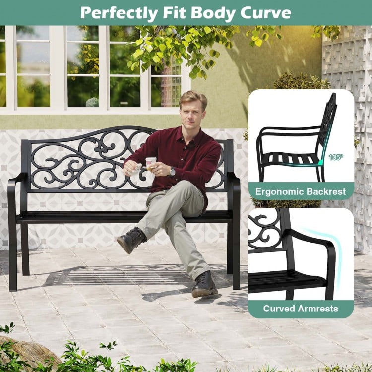 50 Inches Outdoor Cast Iron Metal Patio Bench with Floral Design Backrest and Slatted Seat-Black