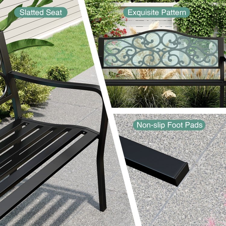 50 Inches Outdoor Cast Iron Metal Patio Bench with Floral Design Backrest and Slatted Seat-Black
