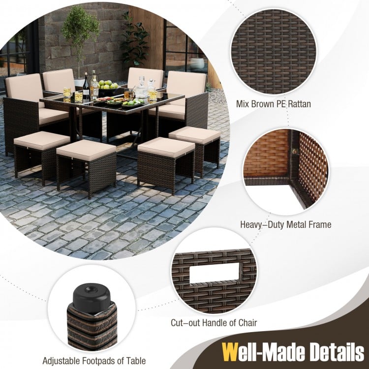 9 Piece Patio Dining Set with Tempered Glass Table and Ottoman-Beige