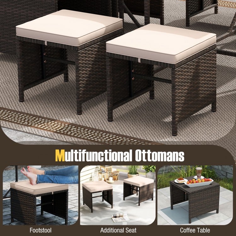 9 Piece Patio Dining Set with Tempered Glass Table and Ottoman-Beige