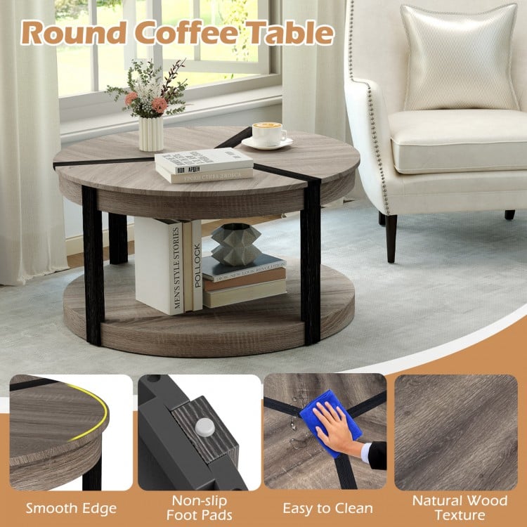 34.5" Rubber Wood 2-Tier Round Center Table with Spacious Tabletop and Storage Shelf-Gray
