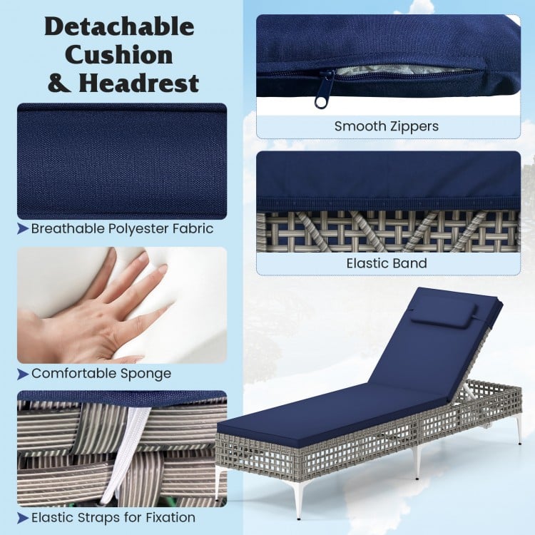 Patio Chaise Lounge Chair with 6-Level Adjustable Backrest and Headrest for Poolside-Navy