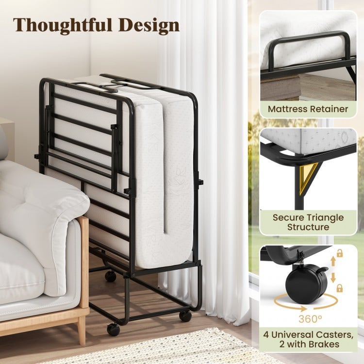 75 x 38 Inch Folding Bed with Mattress Twin Size Rolling Guest Bed