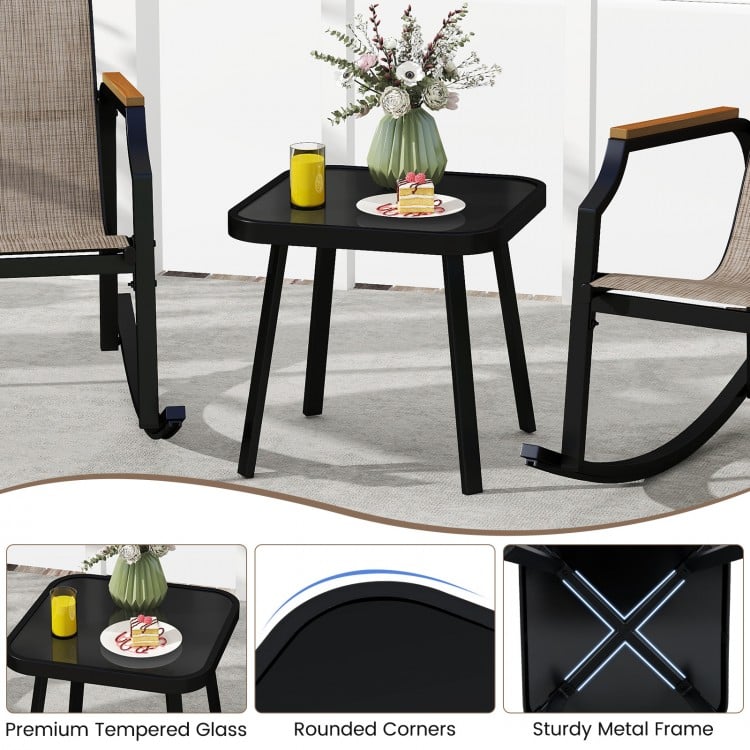 3 Piece Patio Rocking Bistro Set with Tempered Glass Coffee Table and Armrests for Porch-Brown