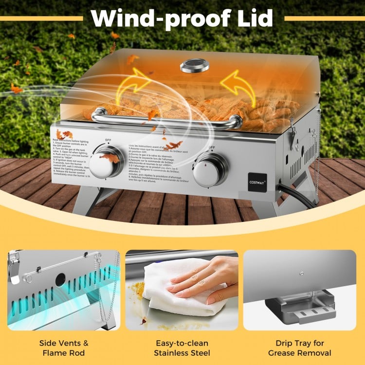Stainless Steel Propane Grill with Lid for Outdoor Camping Tailgating Picnic Party