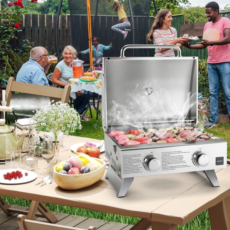 Stainless Steel Propane Grill with Lid for Outdoor Camping Tailgating Picnic Party
