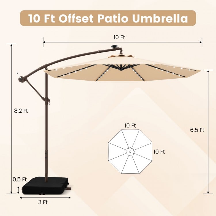 10 Feet Cantilever Umbrella with 32 LED Lights and Solar Panel Batteries
