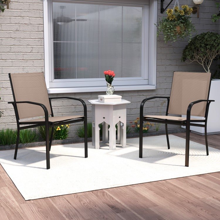 Outdoor Dining Chairs Set of 2 with High Back and Metal Frame-Coffee