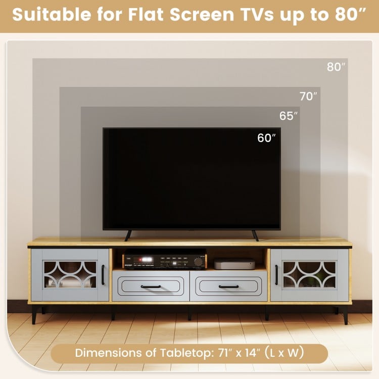 Farmhouse TV Stand for TVs up to 80 Inch with 2 Drawers-Oak and Gray
