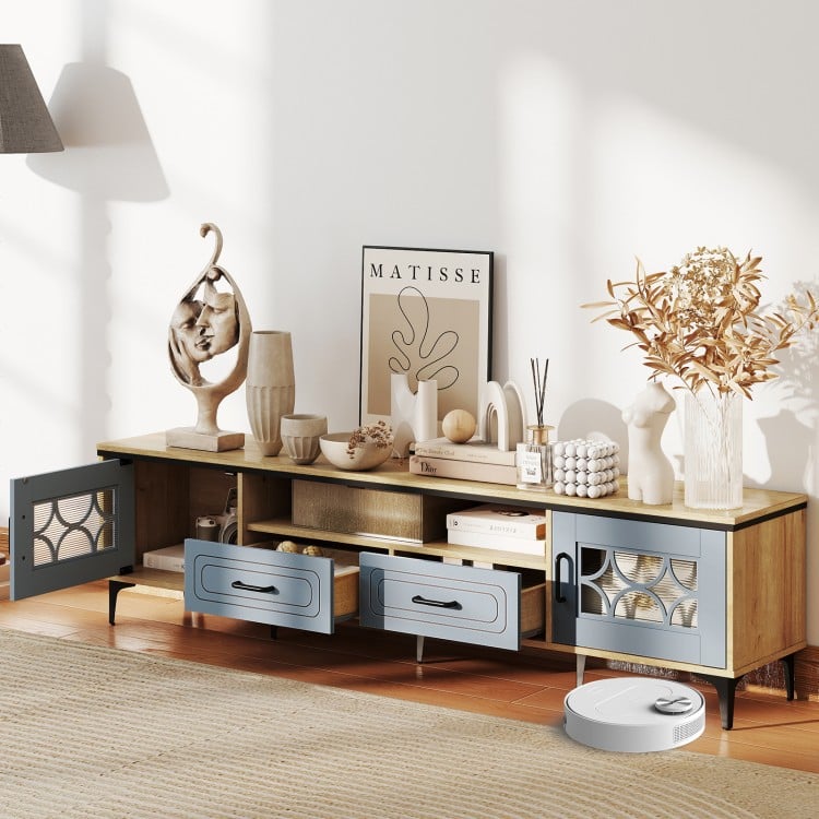 Farmhouse TV Stand for TVs up to 80 Inch with 2 Drawers-Oak and Gray
