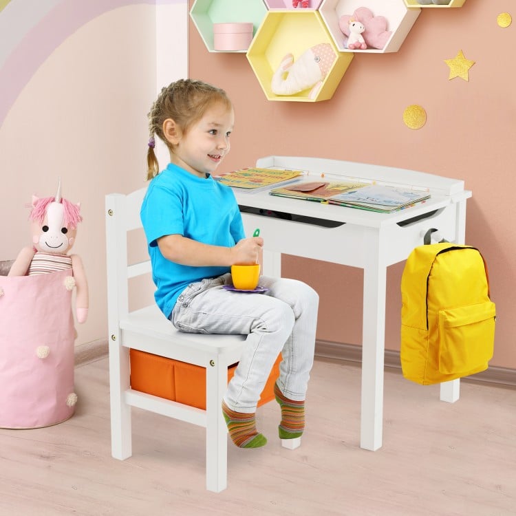 Wood Activity Kids Table and Chair Set with Storage Space-White