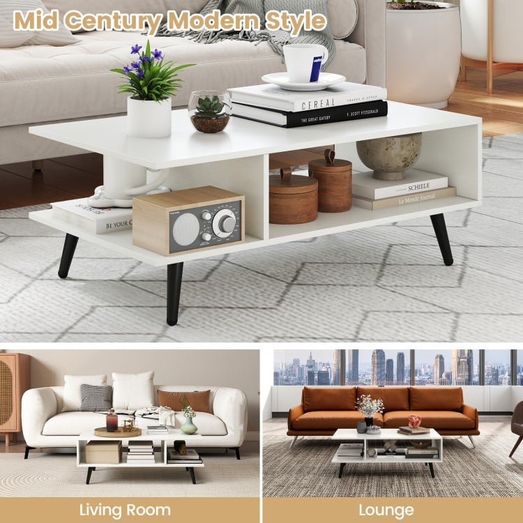 Mid Century Modern Rectangle Coffee Table 2-Tier Accent Table with 2 Open Compartments-White