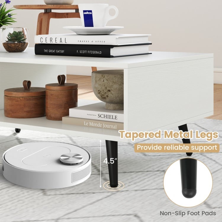 Mid Century Modern Rectangle Coffee Table 2-Tier Accent Table with 2 Open Compartments-White