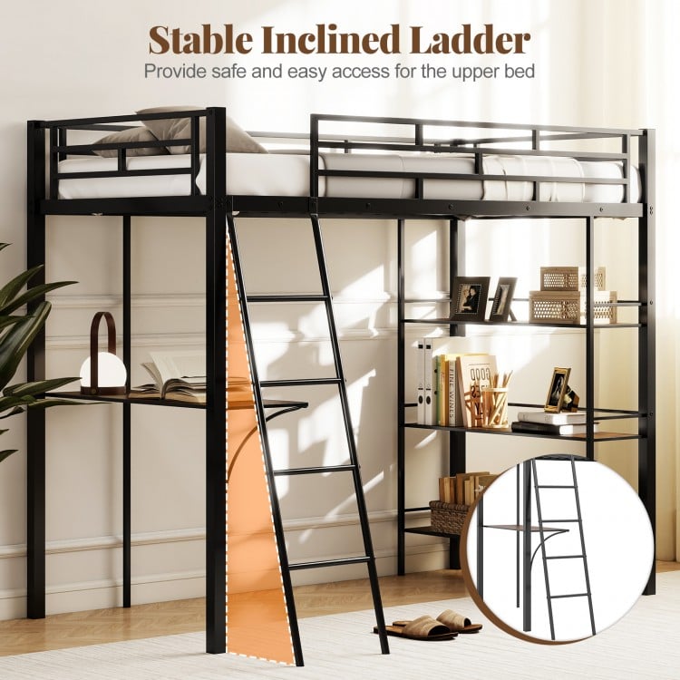 Twin Size Loft Bed with Desk and Shelves for Kids and Home-Black