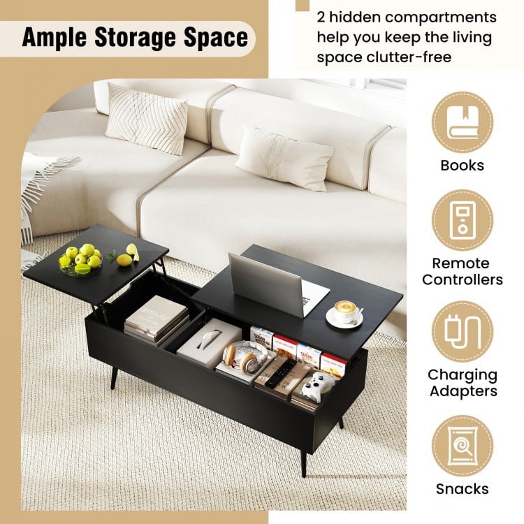 47 Inch Lift Top Coffee Table with 2 Hidden Compartments-Black