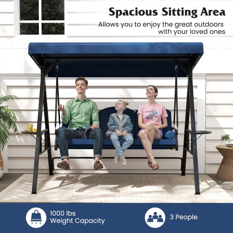 3-Seat Patio Swing Chair Porch Swing with Adjustable Canopy Thickened Cushions Pillow and Foldable Side Trays-Navy