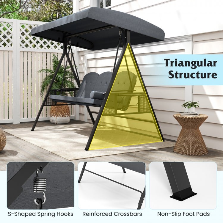 3-Seat Patio Swing Chair Porch Swing with Adjustable Canopy Thickened Cushions Pillow and Foldable Side Trays-Grey