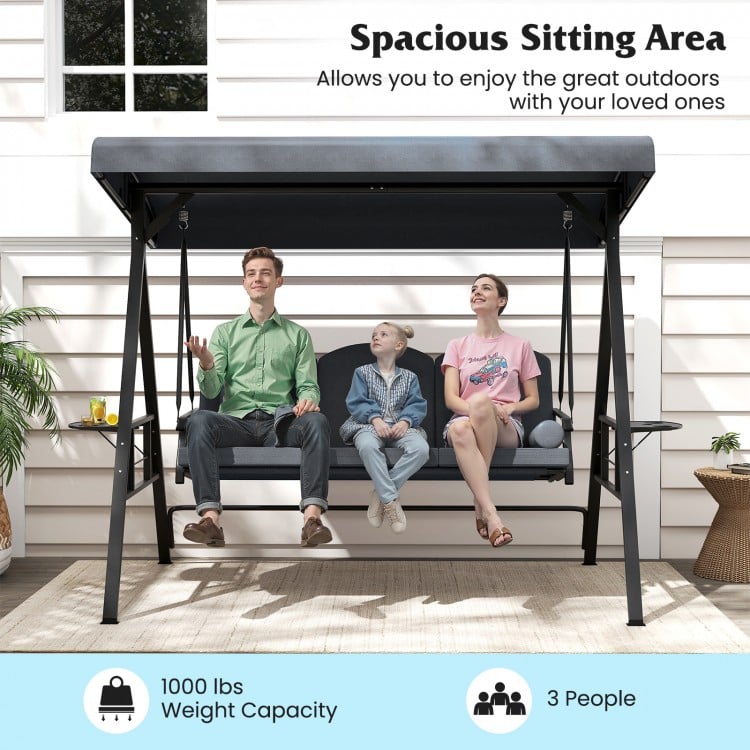3-Seat Patio Swing Chair Porch Swing with Adjustable Canopy Thickened Cushions Pillow and Foldable Side Trays-Grey