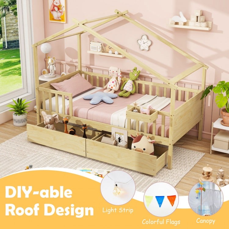 Twin House Bed with 2 Storage Drawers and Roof & Fence Rails-Natural