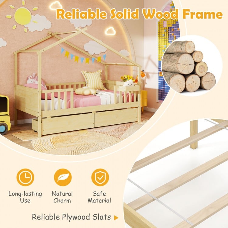 Twin House Bed with 2 Storage Drawers and Roof & Fence Rails-Natural