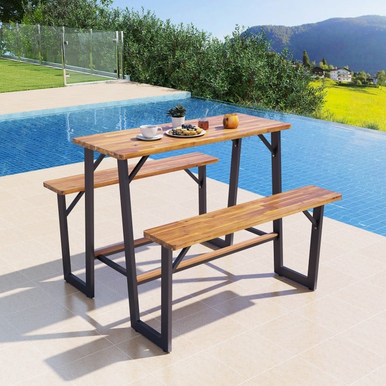 Patio Picnic Table Bench Set with Acacia Wood Tabletop and Benchtop