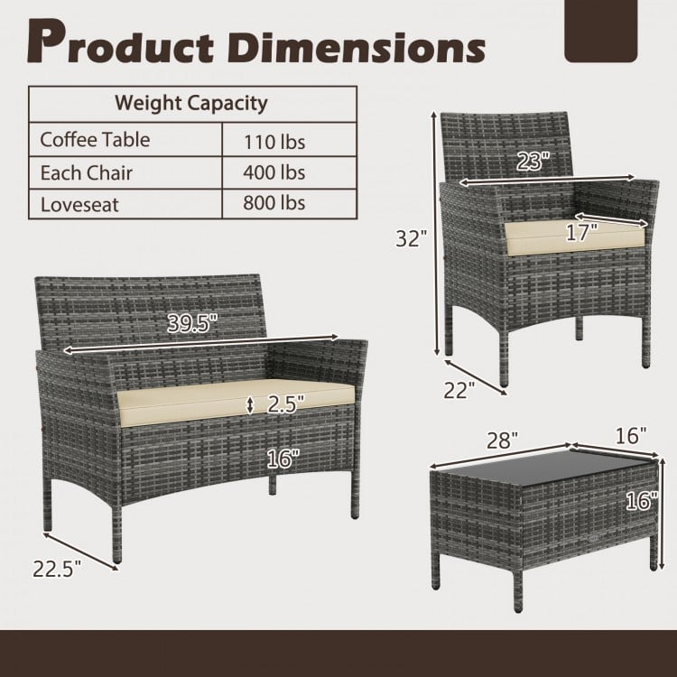 4 Pieces Patio Rattan Conversation Set with Tempered Glass Coffee Table-Beige