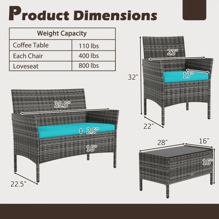 4-Piece Patio Rattan Conversation Set with Tempered Glass Coffee Table – Red or Turquoise Cushions
