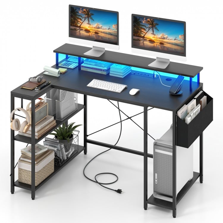 L-Shaped Gaming Desk with LED Lights and Power Outlets-Black