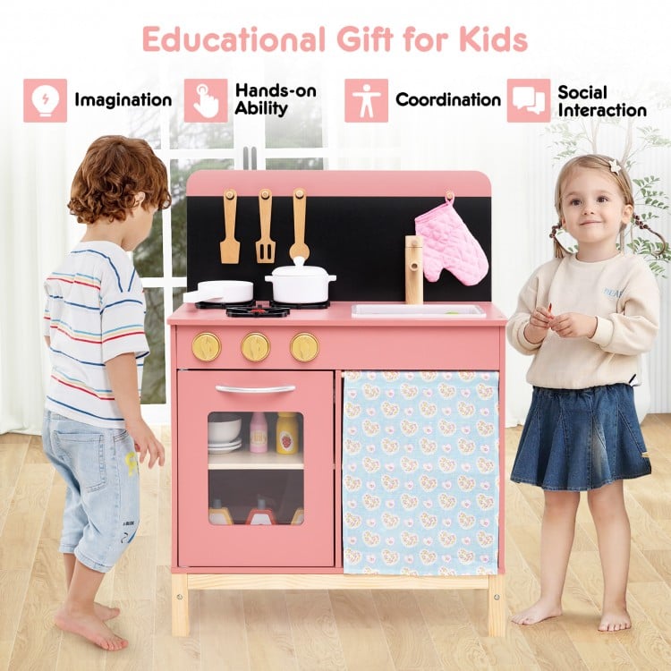 Play Kitchen for Kids Wooden Kitchen Playset with Door Curtain-Pink