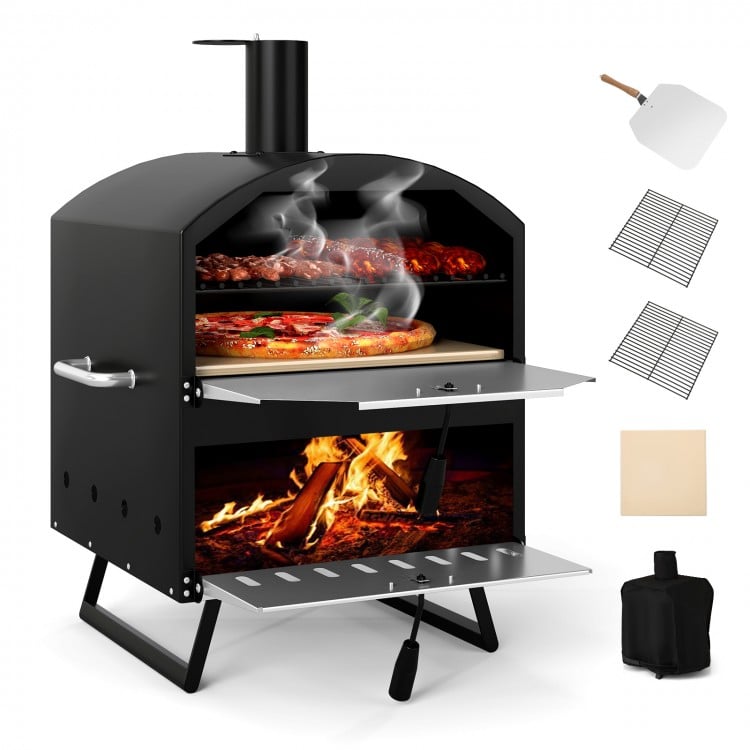 Outdoor 16 Inch 2-Layer Wood Fired Pizza Oven with Square Stone