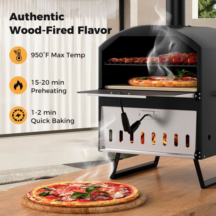 Outdoor 16 Inch 2-Layer Wood Fired Pizza Oven with Square Stone