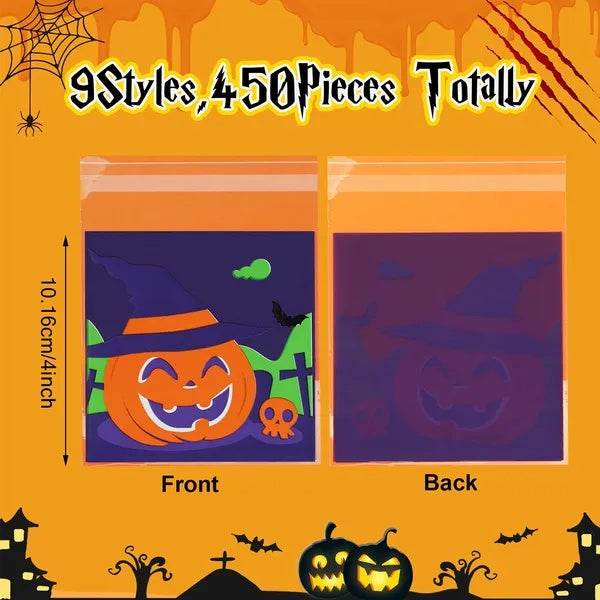 450 Pcs Halloween Cellophane Treat Bags Self-sealing Clear Candy Cookie Bags Pumpkin Ghost Black Cat Skull Trick Or Treat Bags For Halloween Birthday Trick Or Treat Party Favors Supplies