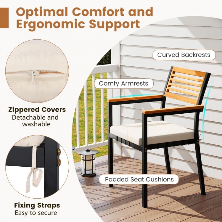 7-Piece Patio Dining Set Wood Metal with Seat Cushions and Umbrella Hole-White