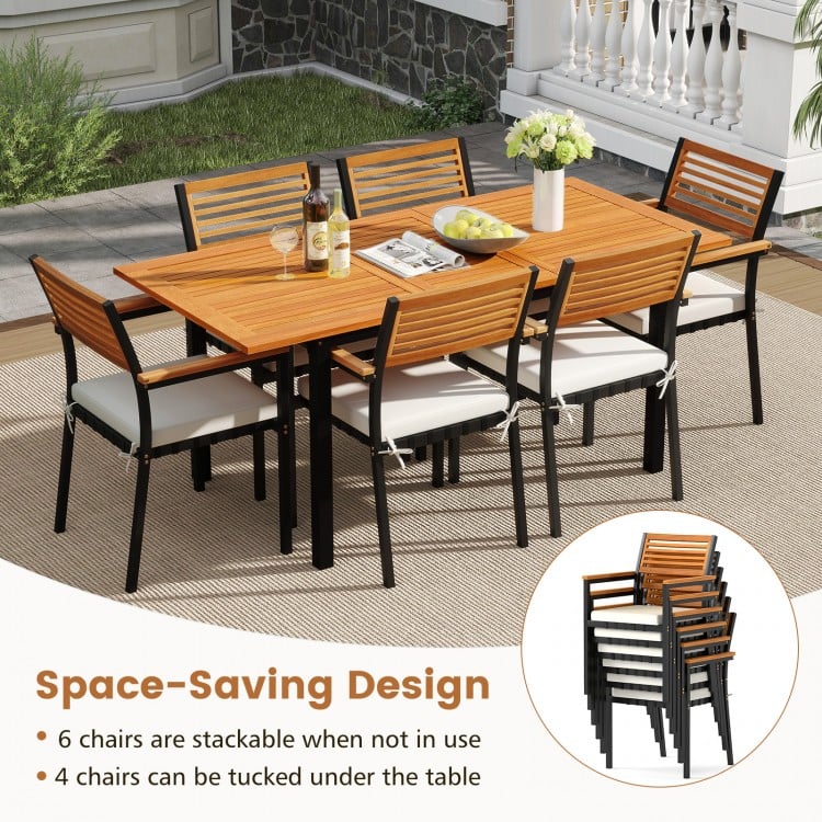 7-Piece Patio Dining Set Wood Metal with Seat Cushions and Umbrella Hole-White