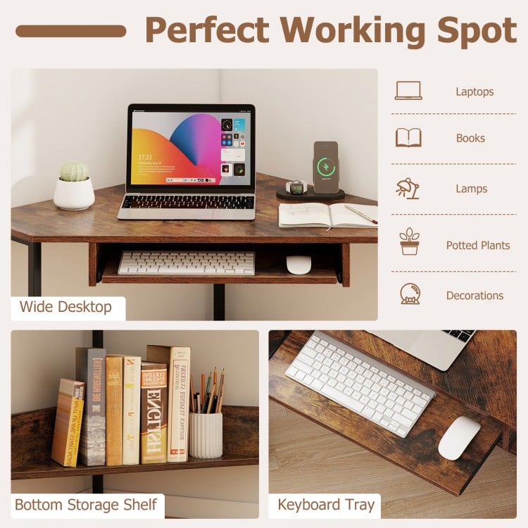 Triangle Corner Desk with Charging Station Keyboard Tray and Storage Shelf-Rustic Brown