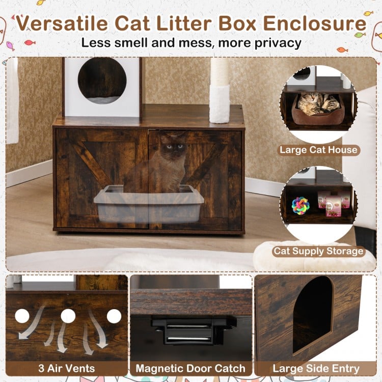 Cat Tree with Litter Box Enclosure for Indoor Cats-Rustic Brown