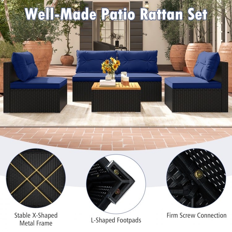 5 Piece Outdoor Furniture Set with Solid Tabletop and Soft Cushions-Navy