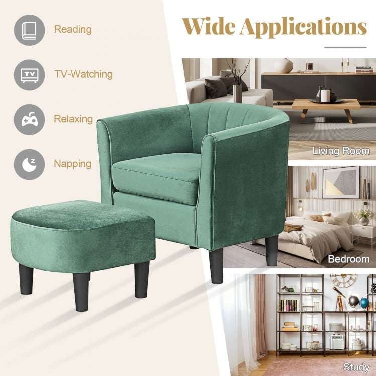 Upholstered Teddy Velvet Club Barrel Chair with Ottoman with Footrest-Green