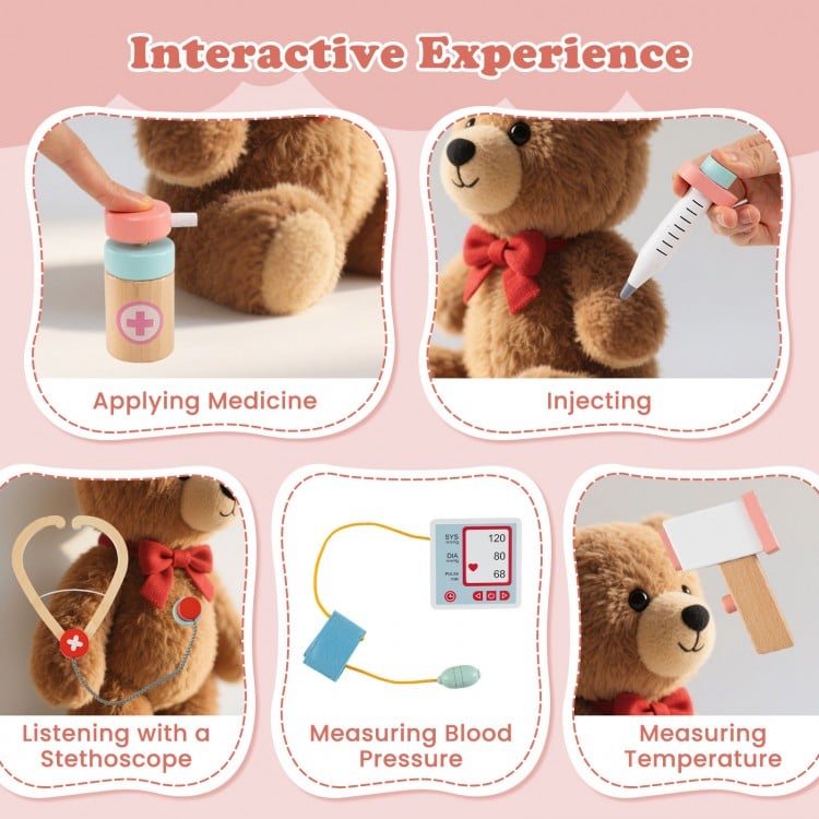 Wooden Doctor Playset with Stethoscope for Toddlers over 3 Years Old-Pink