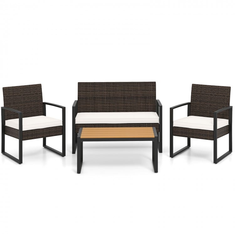 4 Piece Patio Furniture Set Outdoor Rattan Conversation Set with Cushioned Chairs and Wood Plastic Coffee Table-Off White