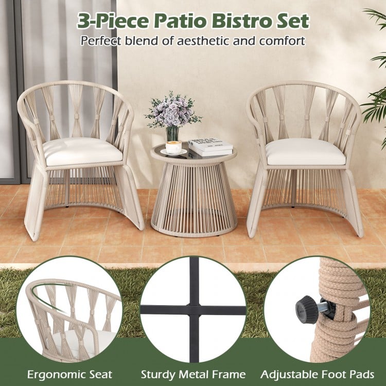 3 Pieces Patio Leisure Chair Set with Rope-Woven Armchairs and Seat Cushions-Off White