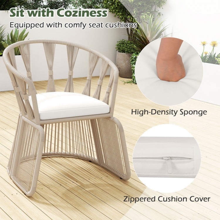 3 Pieces Patio Leisure Chair Set with Rope-Woven Armchairs and Seat Cushions-Off White
