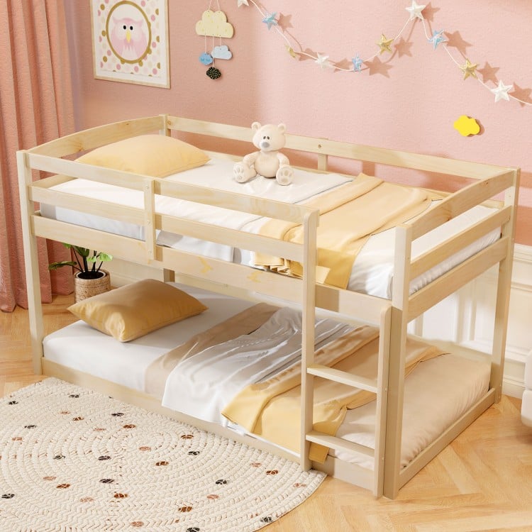 Twin Size Bunk Bed with High Guardrails and Integrated Ladder-Natural