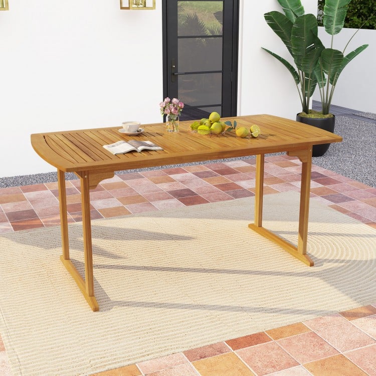 63 inch Outdoor Dining Table with Umbrella Hole and Slatted Tabletop