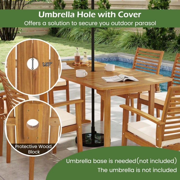 63 inch Outdoor Dining Table with Umbrella Hole and Slatted Tabletop