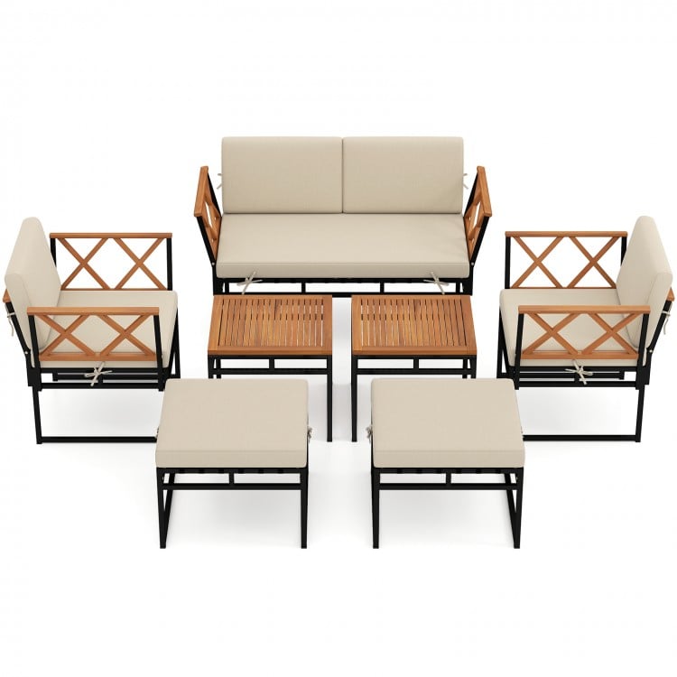 7 Piece Outdoor Conversation Set with Cushions and Bungee Rope Seat-Beige