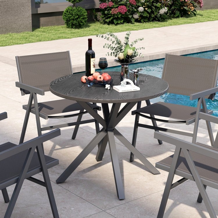 33.5 Inch Round Patio Bistro Table with Wood-Like Top and X-Shaped Legs-Gray