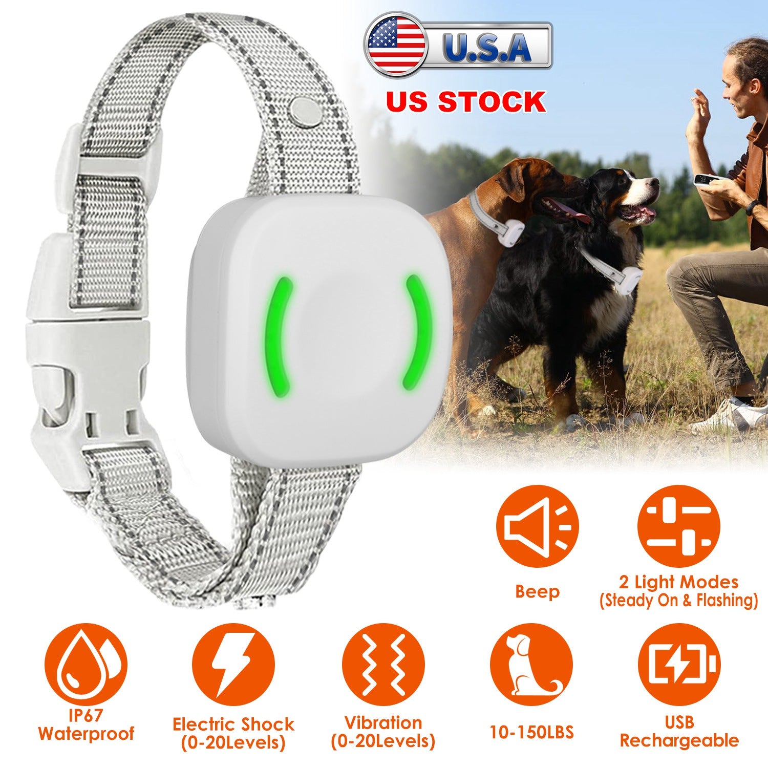 IP67 Waterproof Electric Dog Training Collar Rechargeable Dog Receiver with Light Beep Vibration Shock Fit for All Dogs 10-150LBS