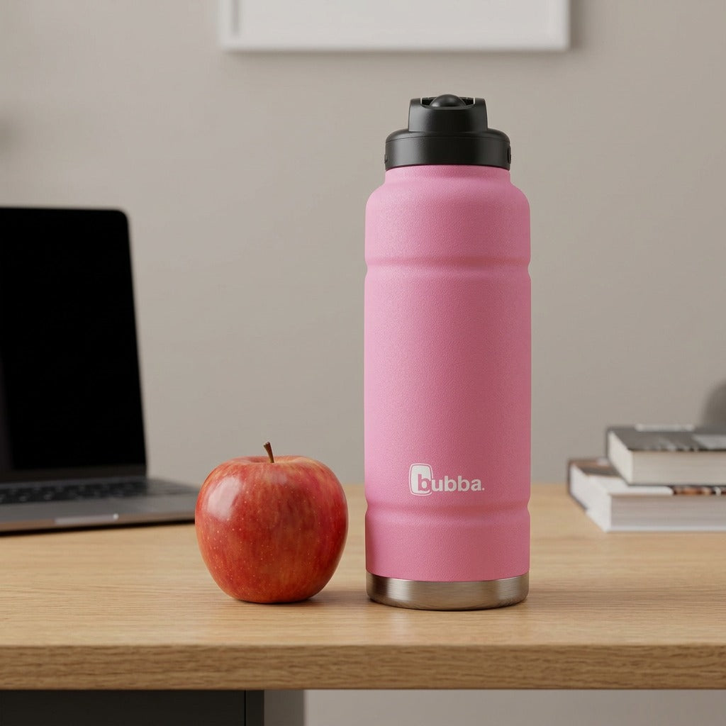 A close-up shot of the 40 oz Azalea Bubba Trailblazer bottle next to a red apple on a desk, illustrating its true scale.