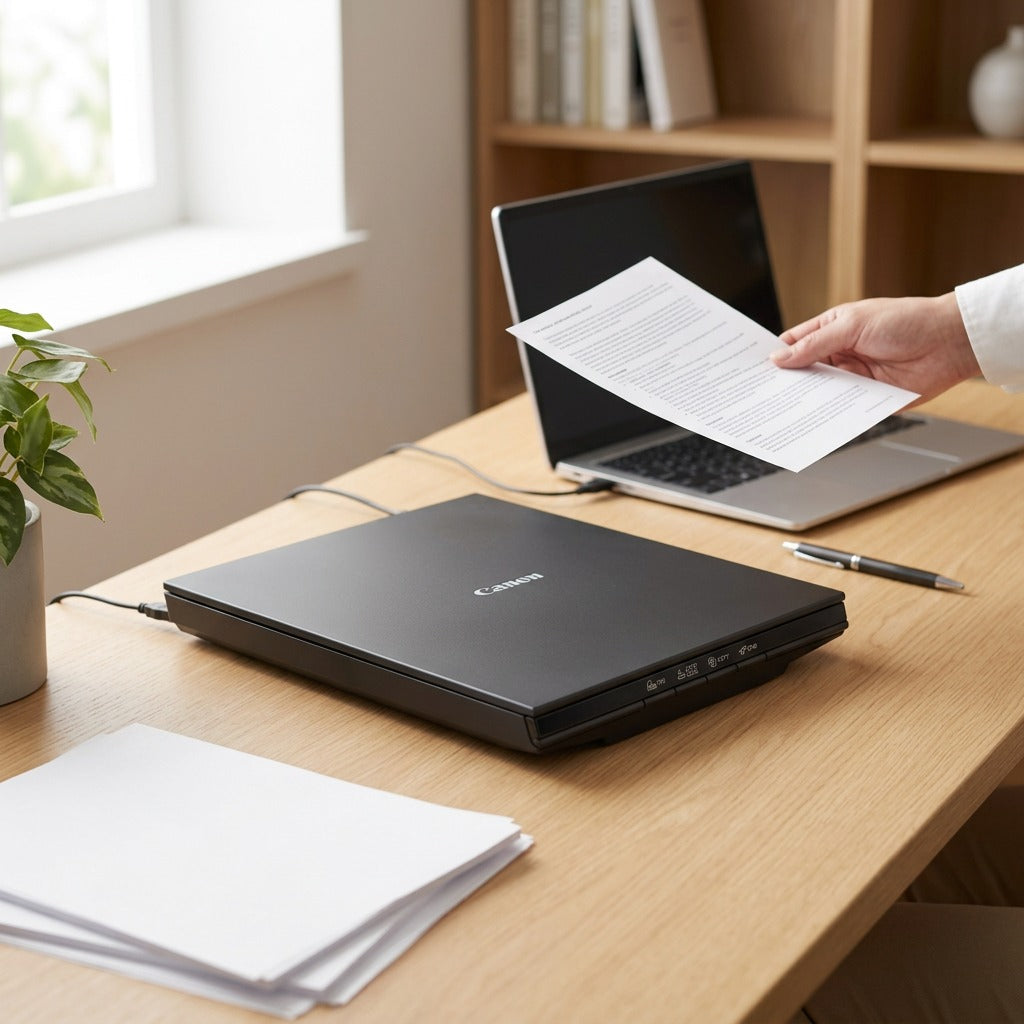 A Canon LiDE 300 scanner is set up on a home office desk, ready to scan documents for remote work.